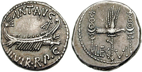 Marc Antony AR Legionary Denarius. 44-30BC. Patrae Mint. Legio VIII.