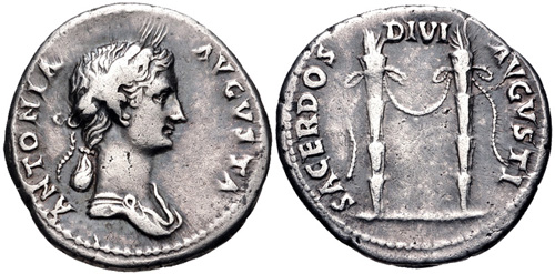 CNG: eAuction 423. Antonia Minor. Augusta, AD 37 and 41. AR Denarius  (18.4mm, 3.73 g, 2h). Rome mint. Struck under Claudius, AD 41-42.